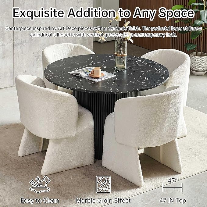 NORDICANA 5-Piece Round Dining Table Set for 4, Modern 47-Inch Kitchen Table and Chair Set, Dining Set with Off White Upholstered Armchairs, Manufactured Wood Top with Black Marble Effect Finish