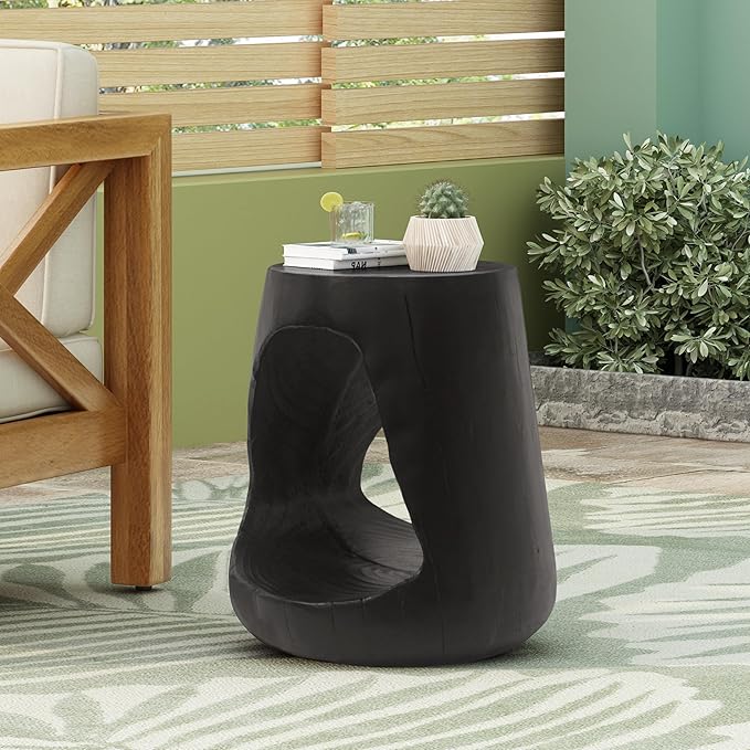 ø14.5'' Side Table End Table for Living Room, Modern Retro Farmhouse Countryside Style, Magnesium Oxide Material for Indoor & Outdoor, No Assembly, Wood Grain, Black