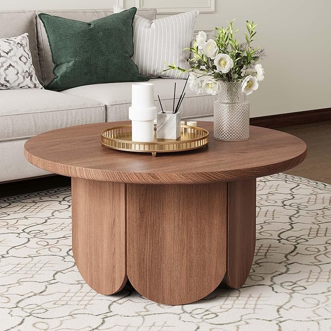 31.5” Round Small Coffee Table - Premium Wood Modern Center Tables with Petal-Shaped Base for Living Room, Apartment & Small Space, Easy Assembly