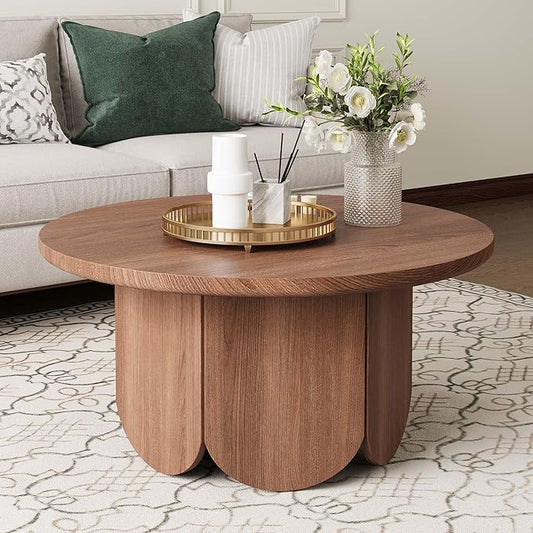31.5” Round Small Coffee Table - Premium Wood Modern Center Tables with Petal-Shaped Base for Living Room, Apartment & Small Space, Easy Assembly