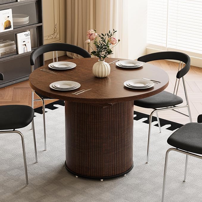 Extendable Round Dining Table for 4-8, 43in-59in Modern Wood Dining Room Table with Removable Leaves, Extendable Dinner Tables w/Heavy Duty Base for Kitchen|Living Room|Small Space, Walnut