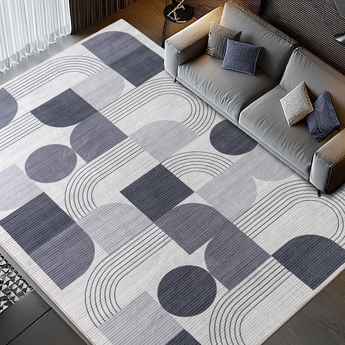 Large Machine Washable 9x12 Area Rug, Soft Modern Geometric Abstract Grey Rugs for Bedroom Living Room, Non-Shedding Faux Wool Indoor Throw Floor Carpet for Office Entryway Dining Room Decor