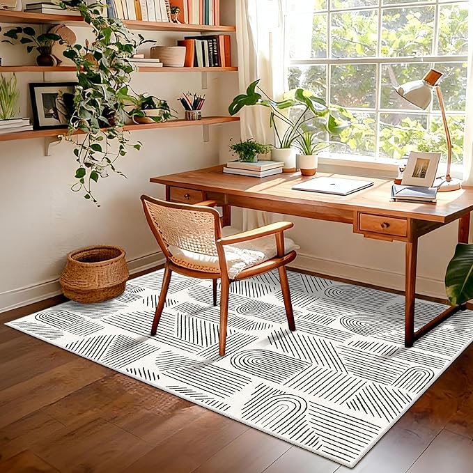 MUJOO 3x5 Washable Rug,Mid Century Modern Abstract Non Slip Low Pile Area Rug,White and Black Rug for Living Room Bedroom Entryway