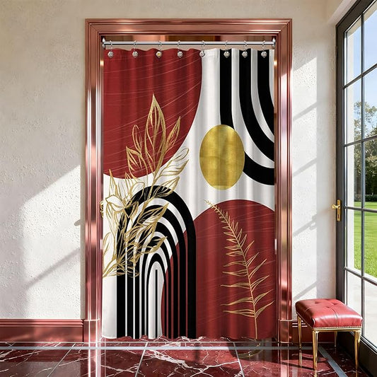 Black and Red Shower Curtain Boho Mid Century Burgundy Dark Red and Gold and White Shower Curtains for Bathroom Decor, Waterproof Cloth Fabric with Hooks, 48" W x 72" L