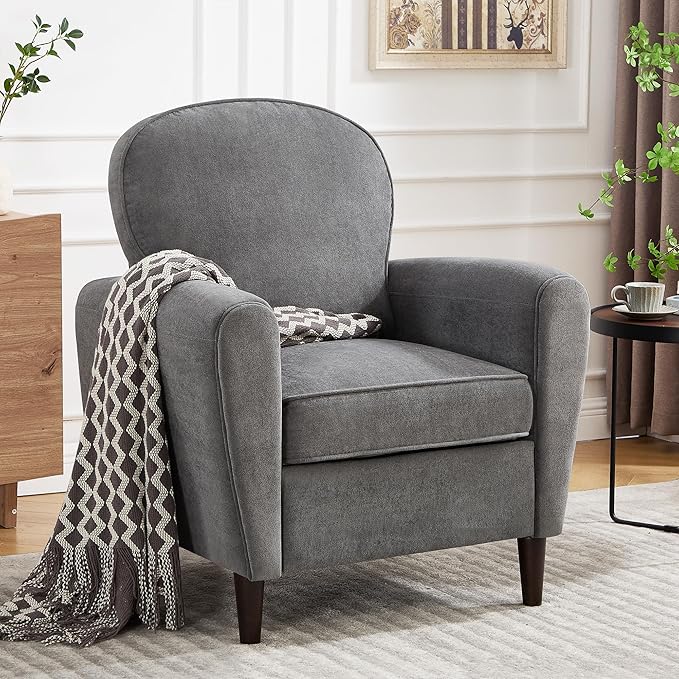 Accent Chair, Mid Century Modern Arm Chair with Thick Cushion and Back, Comfy Upholstered Reading Chair Single Sofa Chair for Living Room, Bedroom, Club, Dark Grey