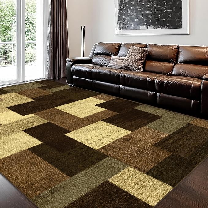 Modern Geometric Patchwork Indoor Area Rug for Living Room, Warm Taupe 9x12 Large Rug Rockwood Collection Hardwood Floors Decor for Bedroom, Taupe Throw Carpet for Office Entryway Dining Room
