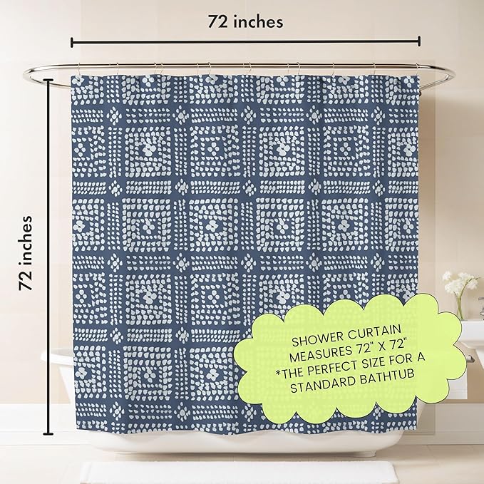 Modern Blue Shibori Print Shower Curtain - Boho Geometric Dot Pattern - Mudcloth Design - Decorative Fabric Shower Curtain for Any Bathroom - 72x72 Inches (Shibori)