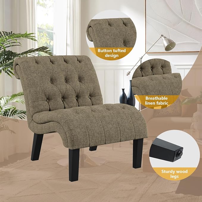 Accent Chairs Set of 2 Modern Armless Living Room Bedroom Side Chairs Button Tufted Upholstered Leisure Chair with Wood Legs