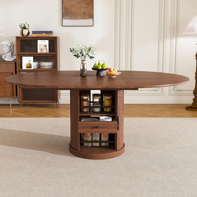 47"-59" Extendable Round Dining Table for 4-6,Mid Century Modern Walnut Wood Grain Table,Storge Kitchen Table with Storage Dining Table with Double Shelves and Sliding Doors for Small Spaces