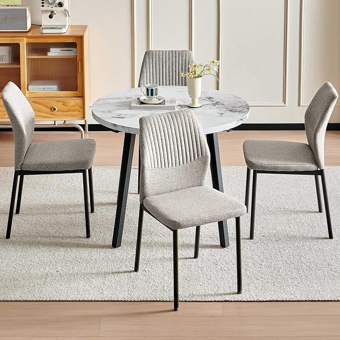 Dining Chairs Set of 4, Light Brown Linen Fabric Dining Chairs, Comfortable Upholstered Armless Kitchen Chairs with Black Metal Legs for Living Room, Dining Room, Kitchen