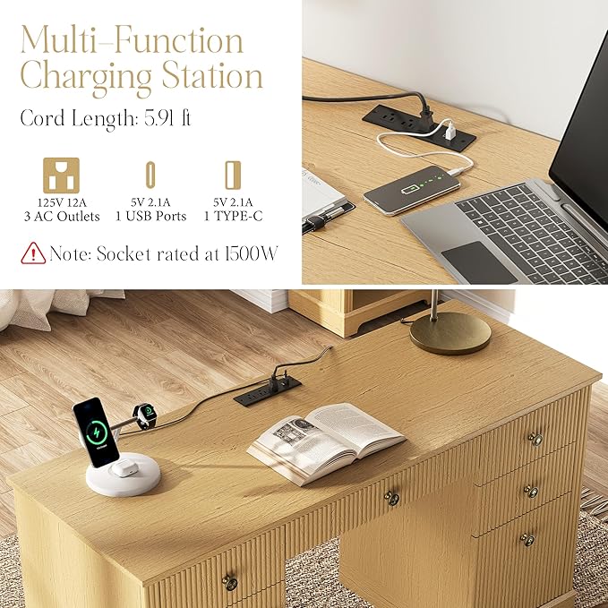 59" Modern Executive Desk with Drawers, Wood Home Office Computer Desk with Charging Station, 5 Drawers & 1 Cabinet, File Drawer, Fluted Computer Writing Desk for Study, Living Room, Bedroom, Oak