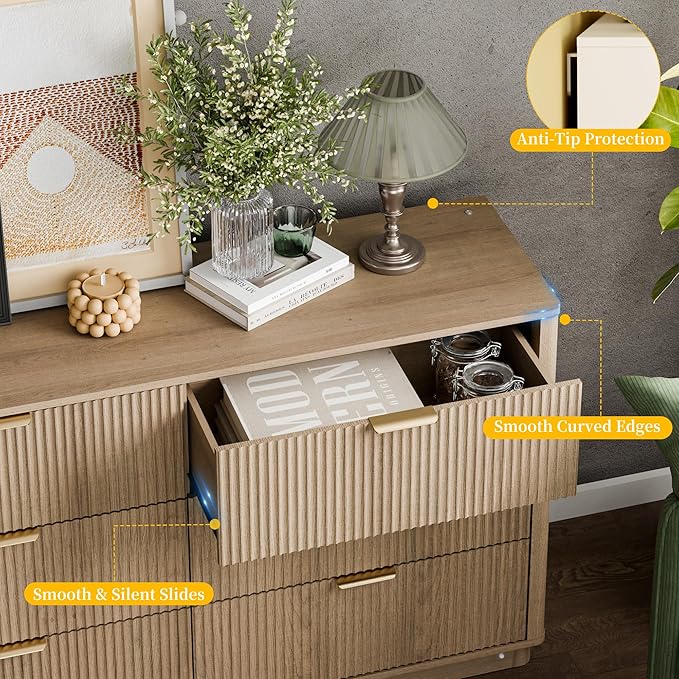 Fluted Dresser for Bedroom with 6 Drawers, 54" Wide Modern Chest of Drawers with Lighting, Wooden Dresser TV Stand with Curved Edges, Closet Organizer for Living Room, Hallway,Natural