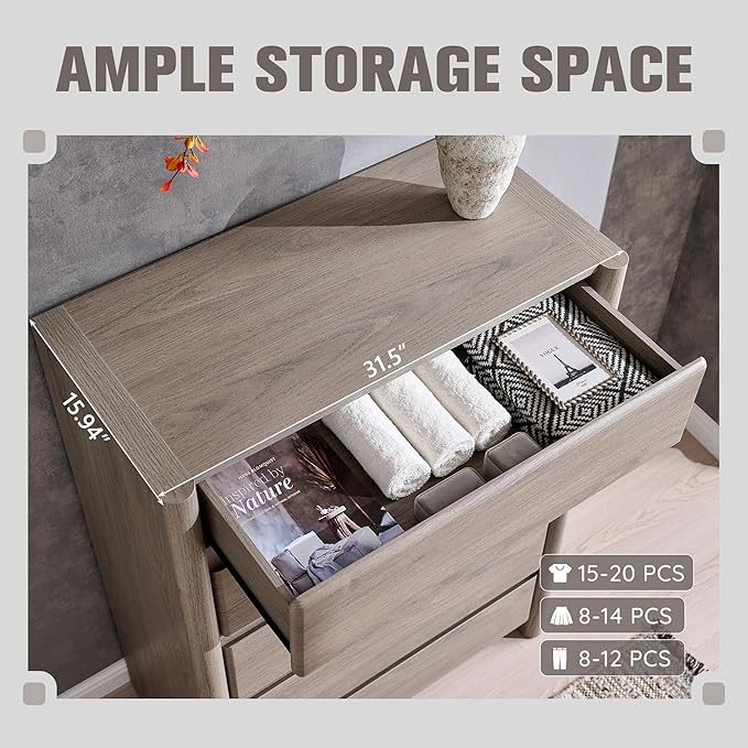 Modern 5 Drawers Dresser for Bedroom, 43" Tall Dresser & Chests of Drawers w/Rounded Corner, Wood Handleless Dresser w/Large Storage & Natural Texture for Bedroom, Living Room-Light Grey