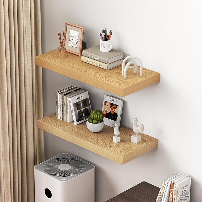 Dreamland 32" Floating Shelves for Wall, 12" Deep Thicker Oak Floating Shelves, Wall-Mounted Shelves for Bedroom, Living Room, Kitchen, Bathroom - Set of 2