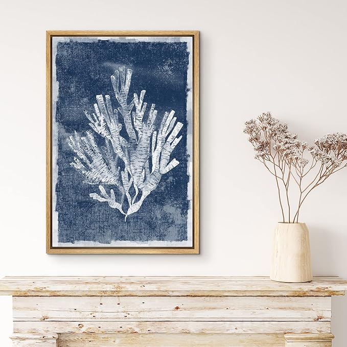 MUDECOR Framed Canvas Print Wall Art Faded White Underwater Coral Nature Wilderness Illustrations Modern Art Nautical Relax/Calm Blue Ultra for Living Room, Bedroom, Office - 16"x24" Natural