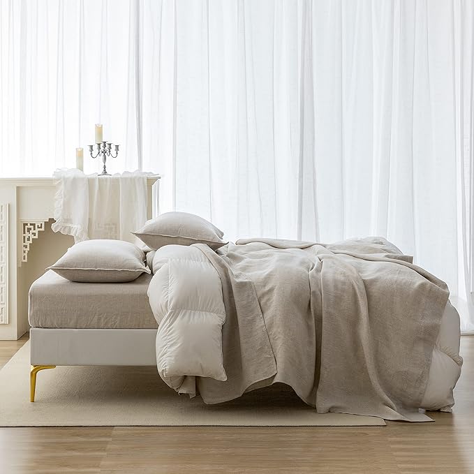 EVERLY Linen Sheets Set Twin Size,100% French Pure Linen Sheets Set,3Pieces (1Flat Sheet,1Fitted Sheet,1Pillowcase) Suitable for Hot Sleepers, Stonewash Not Dyed Deep Pocket Natural Linen Bedding Set