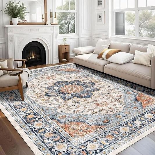vivorug 8x10 Area Rugs for Living Room, Non-Slip Backing Washable Rug 8x10, Large Area Rug Soft Carpet for Bedroom Dining Room, Vintage, Easy Clean, Durable, Low Pile Rug Orange/Navy