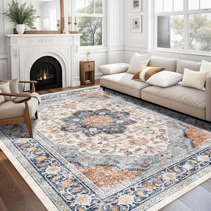 vivorug 4x6 Rug, Boho Small Area Rug for Living Room, Bedroom, Kitchen, Machine Washable Non-Slip Throw Rug, Vintage Floral Carpet for Entryway Nursery Coffee Table - Durable (Orange/Navy)