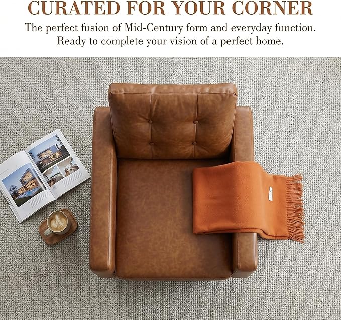 HNY Mid Century Modern Armchair, Button Tufted Faux Leather Accent Chair with Armrests, Upholstered Club Chair for Living Room, Bedroom & Office, Caramel Brown