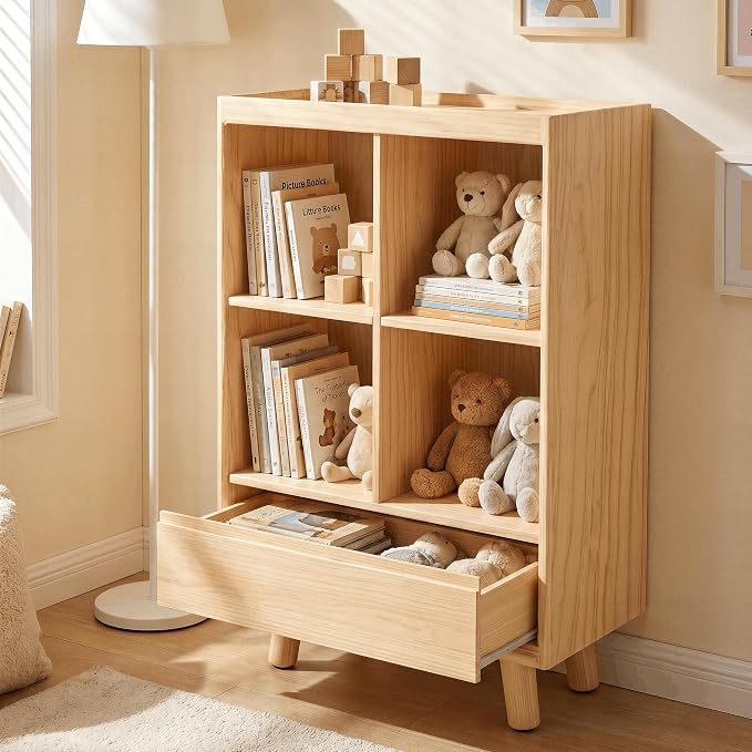 YOSHOOT 4 Cube Bookshelf with 1 Drawer - 21.7" Wood Cube Bookcase with Legs, Open Cubby Bookshelves for Bedroom, Living Room,Home Office, Nature