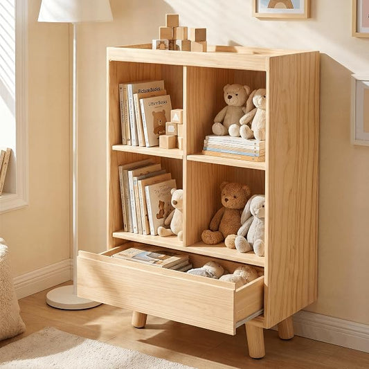 YOSHOOT 4 Cube Bookshelf with 1 Drawer - 21.7" Wood Cube Bookcase with Legs, Open Cubby Bookshelves for Bedroom, Living Room,Home Office, Nature