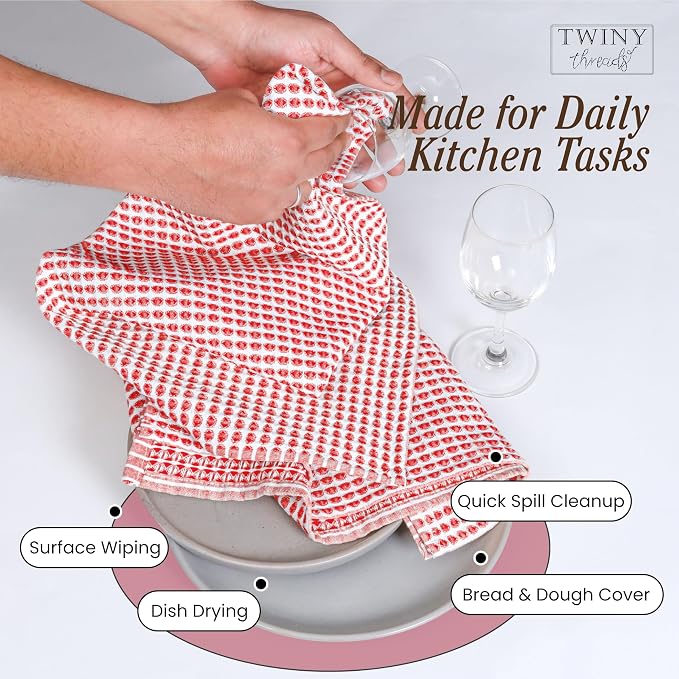 TWINY threads Circle Waffle Dish Towels 4 Pack, 16x26 Inches, 100% Cotton, Durable, Soft, Waffle Weave Hand Cloths, Heavy Duty Wash Rags for Kitchen, Bar, Household, Red