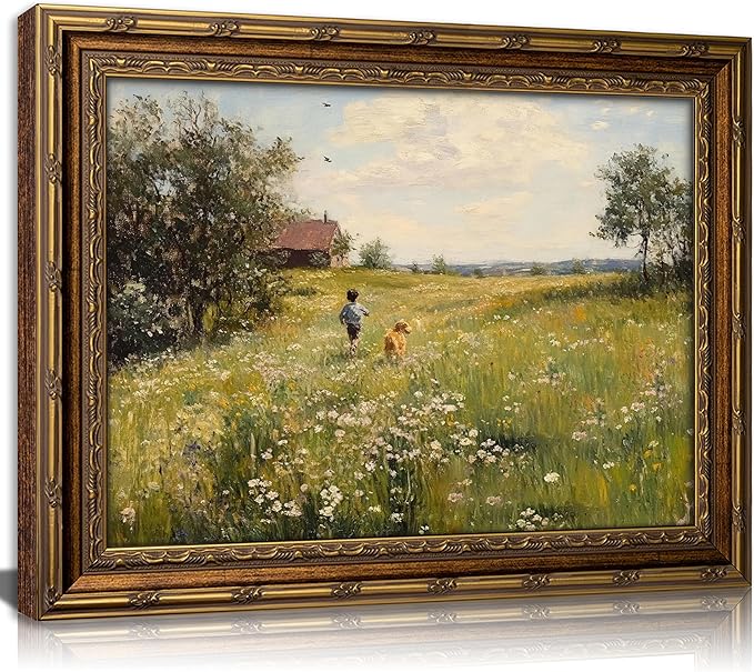 Vintage Gold Framed Wall Art Dog and Boy Landscape Painting Canvas Prints Retro Country Farmhouse Prints Artwork Rustic Wildflower Meadow Wall Decor for Kids Bedroom Living Room Decor12x16in