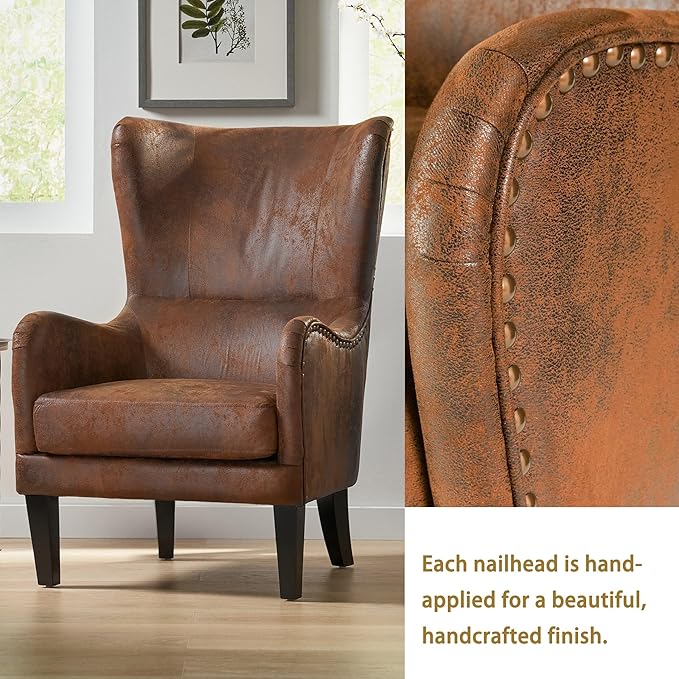 Mid-Century Modern Accent Chairs, 27" Wide Wingback Club Chair with Nailhead Trim, Fabric Reading Living Room Side Chair, Faux Leather Armchair Sofa