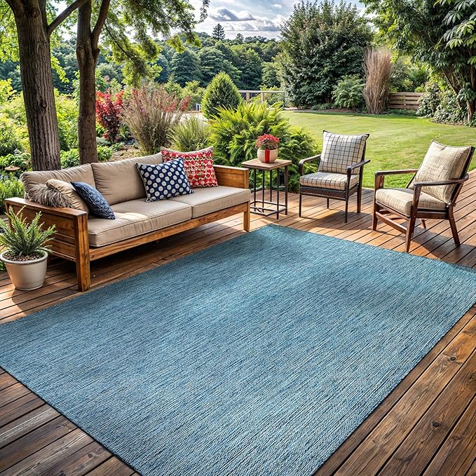 Washable Indoor Outdoor Rug Weather Resistant Carpet Modern Solid for Porch Deck Balcony Backyard Patio Rug 8x10 Aqua Blue