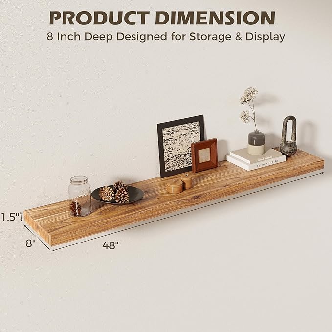 48 Inch Floating Shelves for Wall, 8"D High End Solid Hardwood Shelves for Decor Storage, Rustic Wall Shelves with Invisible Heavy Duty Brackets for Living Room, Kitchen, Bathroom, Natural, 1 Pack