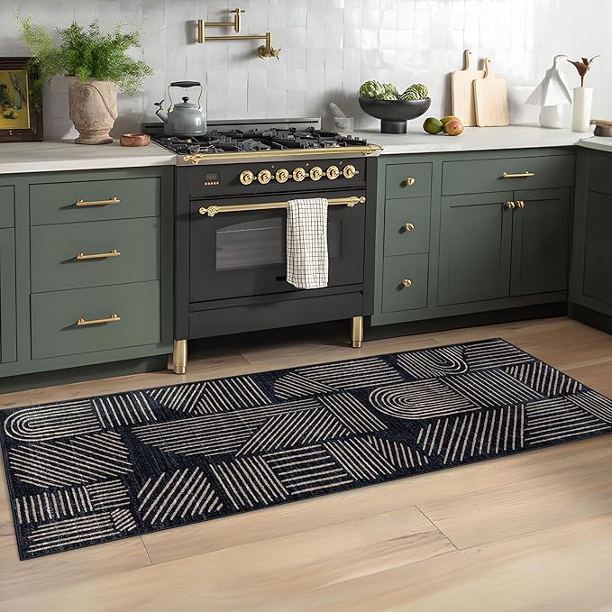 MUJOO 2x6 Runner Rug Washable,Mid Century Modern Abstract Non Slip Low Pile Runner Rug,Black and Gold Rug for Hallway Kitchen Entryway