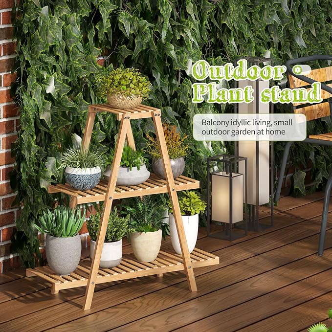 BMOSU Plant Stand Bamboo for Indoor Outdoor Tiered Plant Shelf 8 Potted Flower Holder Ladder Rack Garden Balcony Living Room Patio(3 Tier Natural)