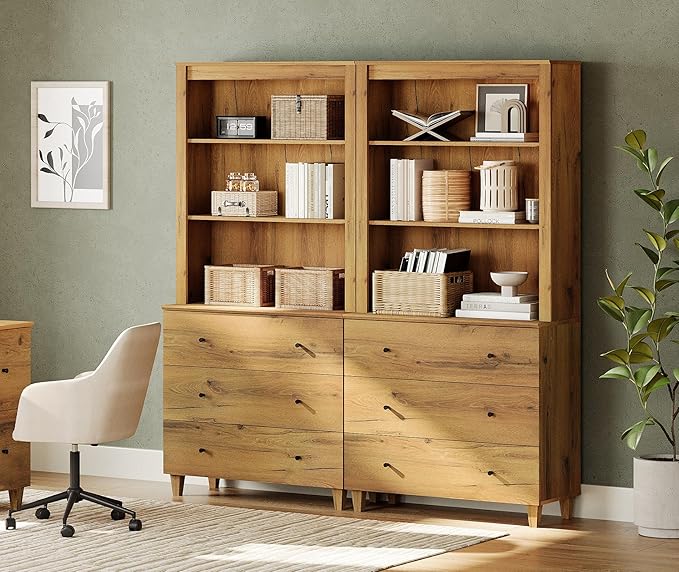 WAMPAT 71" Tall Bookcase with 6 Drawers & Open Shelves, 2 Column Modern 3-Tier Bookshelf with Adjustable Shelf, 71" Wide Wooden Display Book Shelf for Home Office, Living Room, Bedroom, Oak Brown
