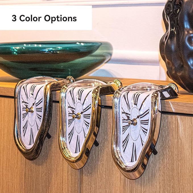 Melting Shelf Clock - Art Decor Salvador Dali Surreal Dripping, 8x4 in Matte Black Gold Anti-Fingerprint Shelf & Desk Gift