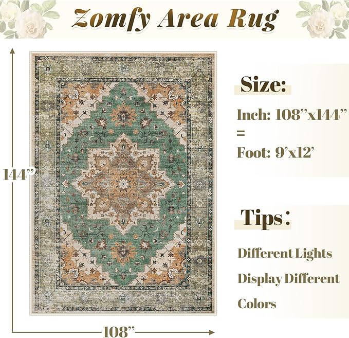 Area Rug 9x12 Vintage Rug: Large Washable Indoor Medallion Rugs Low Pile Distressed Floor Carpet Retro Accent Rug for Living Room Bedroom Kitchen Dining Table Home Office(Brown Green, 9'x12')