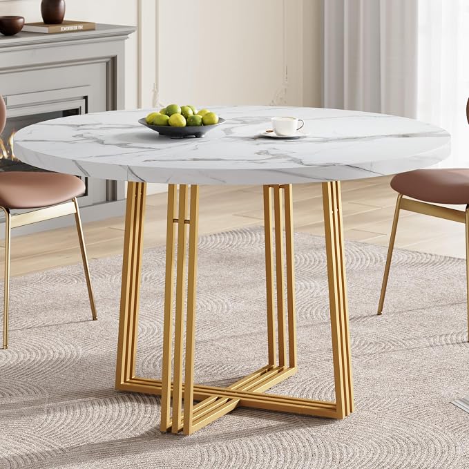Round Dining Table for 4, 43.3-Inch Faux Marble Kitchen Table, Modern Circle Dinner Table with Metal Base for Dining Room, Kitchen, Breakfast Nook, Apartment, Small Spaces, White and Gold