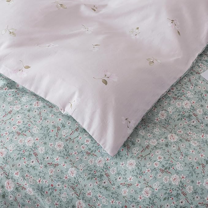 HoneiLife Cotton Floral Duvet Cover Sets, Light Green with Zipper Closure & Corner Ties, 3-Piece Soft & Breathable Comforter Covers Queen Size