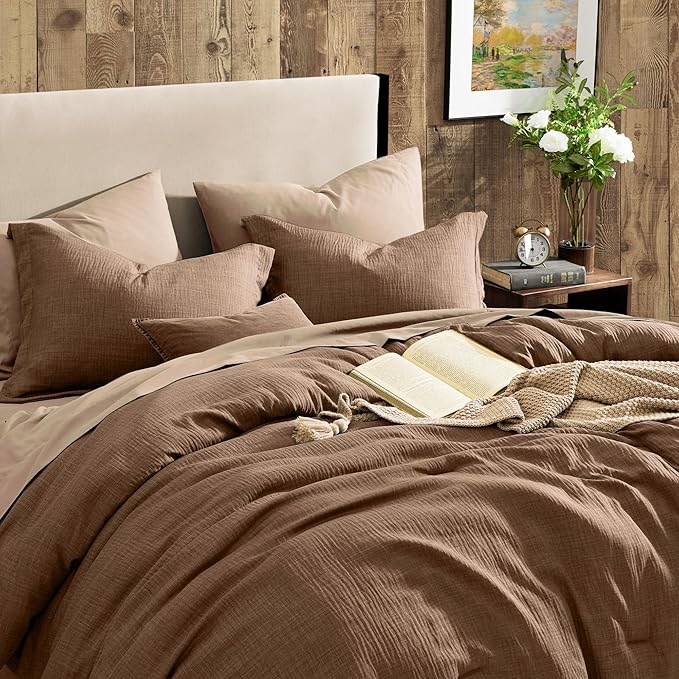 Geniospin Oversized Queen Comforter Sets - 7 Pieces Brown Oversized Queen Bedding Set, Solid Bed Set for All Season, Textured Bed in a Bag with Flat Sheet and Fitted Sheet, Pillowcases and Shams