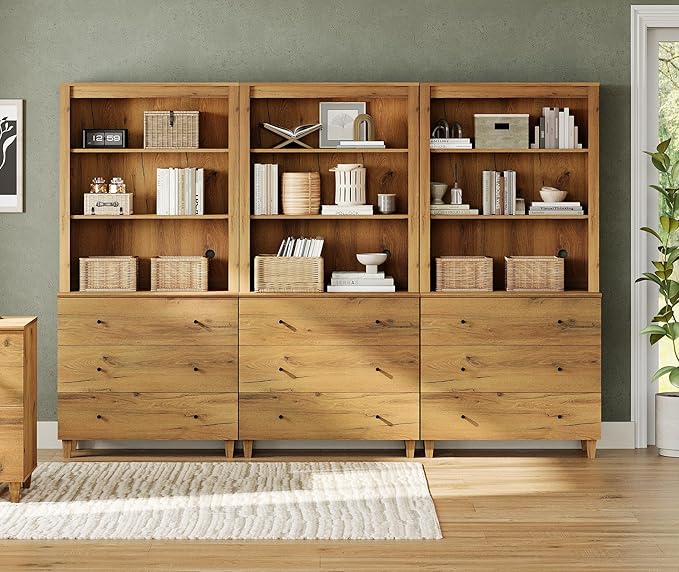WAMPAT 71" Tall Bookcase with 9 Drawers & Open Shelves, 3 Column Modern 3-Tier Bookshelf with Adjustable Shelf, 106" Wide Wooden Display Book Shelf for Home Office, Living Room, Bedroom, Oak Brown