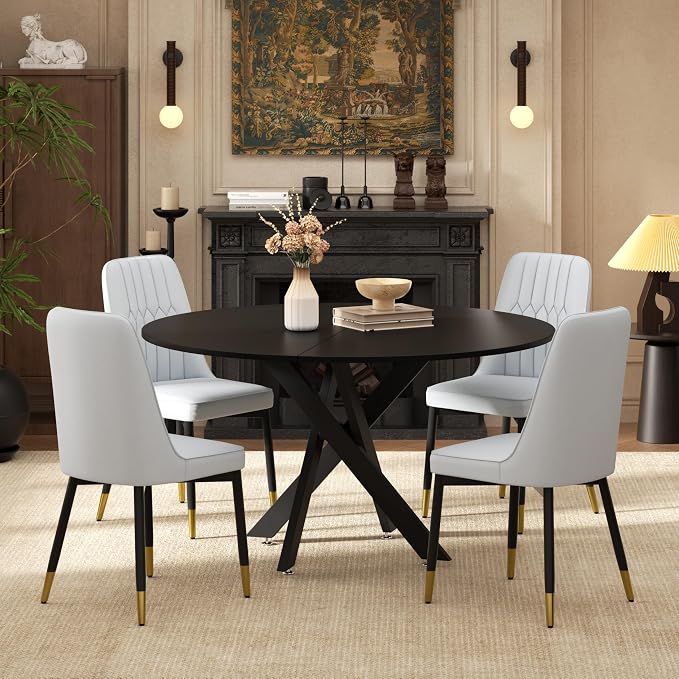 RGZ Mid Century Black Round Dining Table Set for 4, 47" Large Wooden Circle Kitchen Table & 4 Light Gray PU Leather Kitchen Chairs, Dinner Table Set for Home, Apartment, Dining Room
