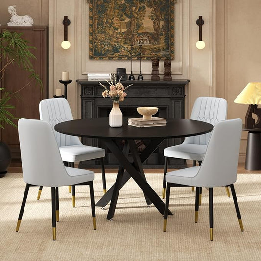 RGZ Mid Century Black Round Dining Table Set for 4, 47" Large Wooden Circle Kitchen Table & 4 Light Gray PU Leather Kitchen Chairs, Dinner Table Set for Home, Apartment, Dining Room