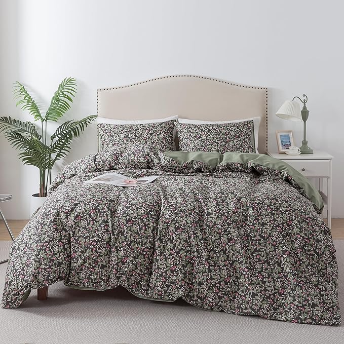 HoneiLife Duvet Cover Queen Size - Cotton Comforter Cover Floral Duvet Cover Sets 3-PC, Soft Bedlinen for Set with Zipper Closure & Corner Ties, Wildflower Comforter Cover Sets,Berry