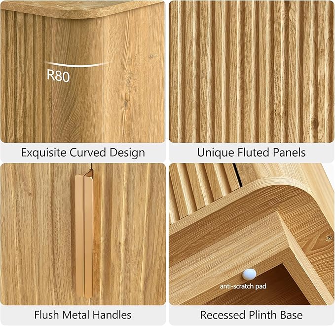 win2win 63" Fluted Sideboard Buffet Cabinet with Faux Marble Top, Modern Credenza with Storage, Wood Boho Media TV Console Accent Cabinet for Living Room Kitchen Hallway, Oak