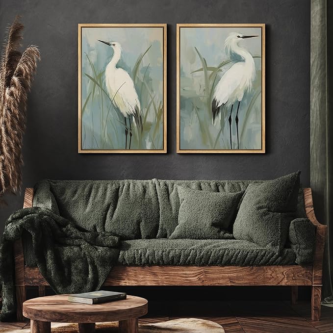 MUDECOR Framed Canvas Print Wall ArtWhite Heron Pair in Marsh Coastal Illustrations Modern Art Decorative Bohemian Colorful for Living Room, Bedroom, Office - 16"x24"x2 Natural