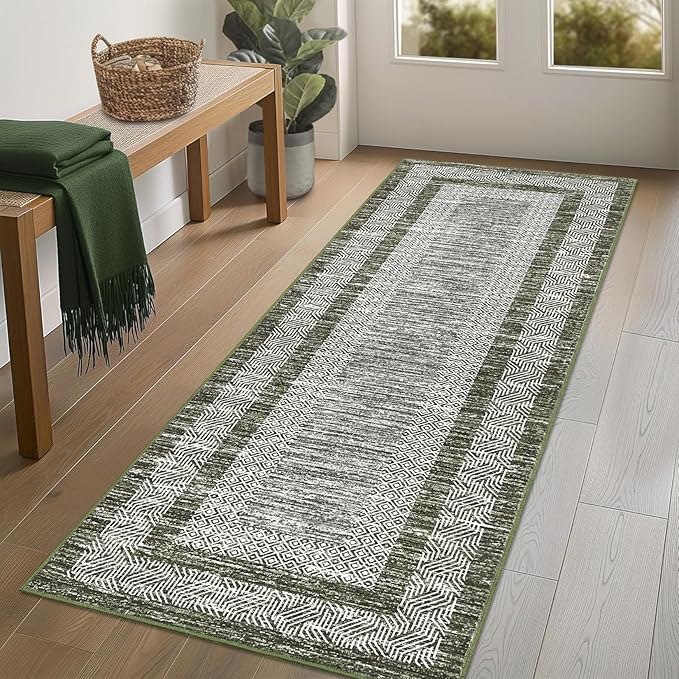 GarveeHome Washable 2.5x10 Kitchen Runner Rug, Easy Clean Geometri Rugs for Hallway Entryway, Indoor Outdoor Non Slip Rug Farmhouse Morden Carpet Door Mat Area Rug for Laundry Room Green