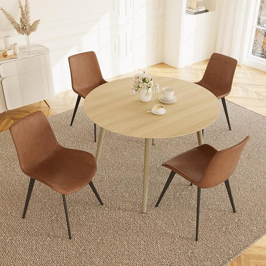43.3 Inch Round Dining Table Set for 4, Modern Small Kitchen Coffee Set for Dining Room Kitchen Apartment (Cream Table + 4 Brown Chairs)