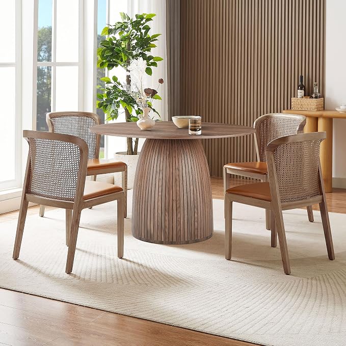 JUSTONE 47.2''Round Dining Table for 4,Modern Kitchen Table with Wooden Pedestal Base,Minimalist Elegant Dining Table for Living Room, Dining Room(φ47.2"x29.5"H, Walnut)
