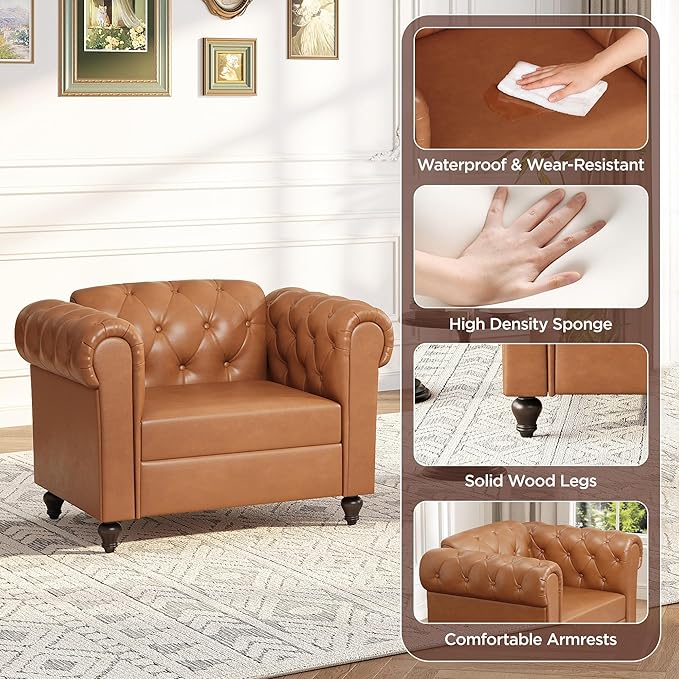 Brown Faux Leather Accent Chairs, Button-Tufted Upholstered Club Chair Retro Armchairs, Mid Century Modern Accent Chair with Solid Wood Legs, Cozy Chesterfield Couch Chairs for Living Room, Bedroom
