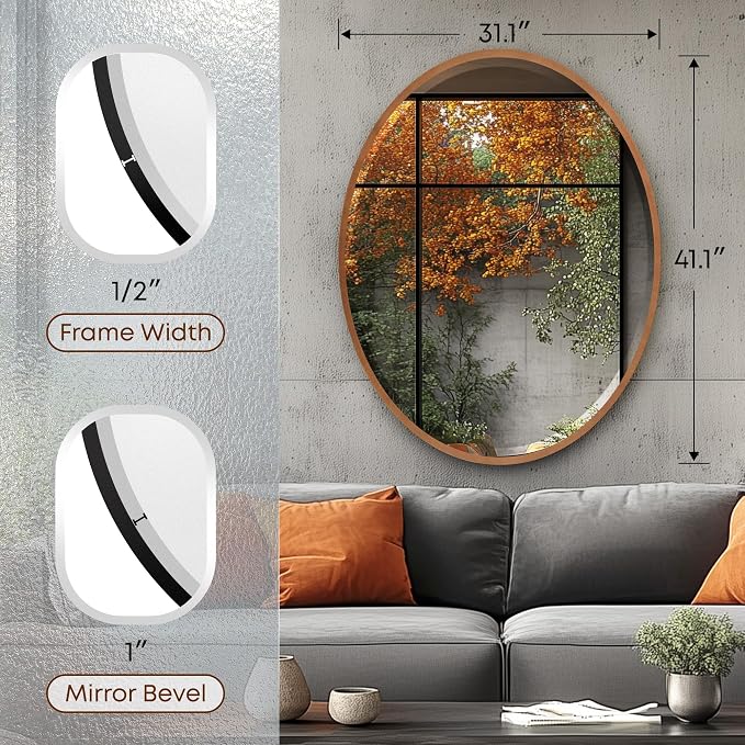 OVALCREST - Oval Wooden Beveled Wall Mirror for Home Decor, Bathroom, Vanity, Bedroom, Living Room, Hallway - London Style (Gold Spray) 41.1 x 31.1