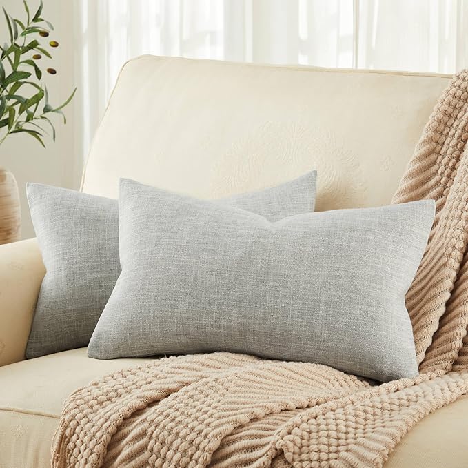 ZeeMart Rustic Cotton Linen Lumbar Throw Pillow Covers Set of 2, 12x20 Inch Light Grey, Farmhouse Style Decorative Couch Pillow Cases Cushion Covers for Sofa Bed Living Room Home Decor